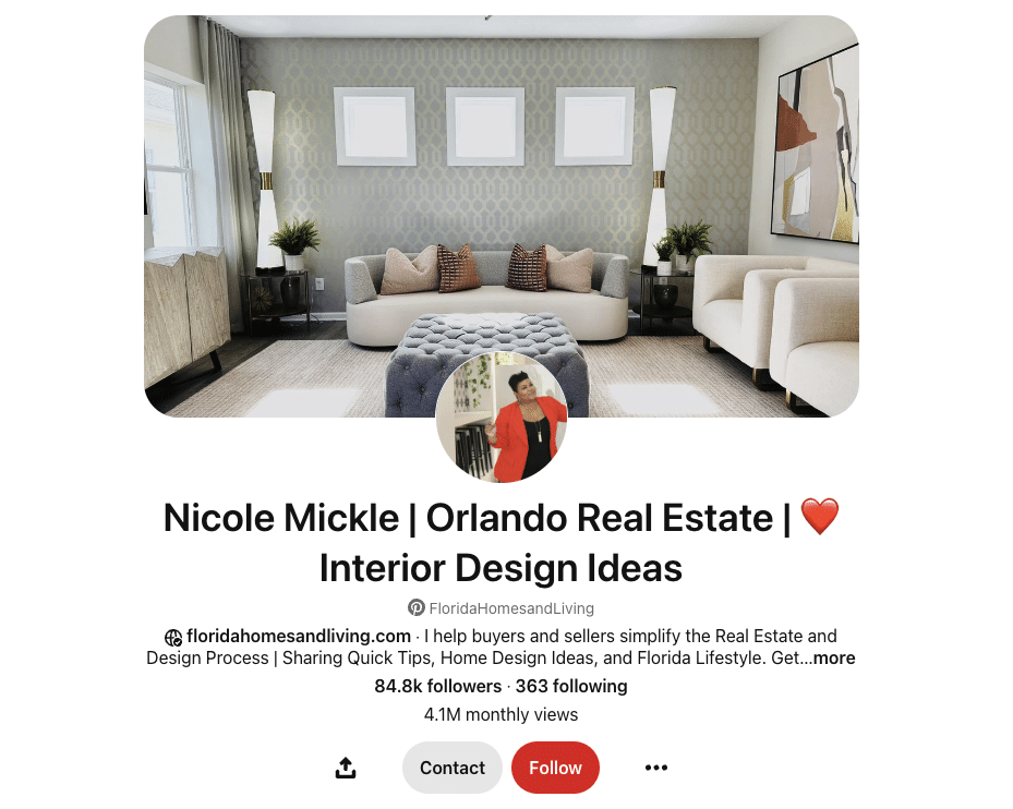 Pinterest profile for Nicole Mickle, Orlando real estate agent